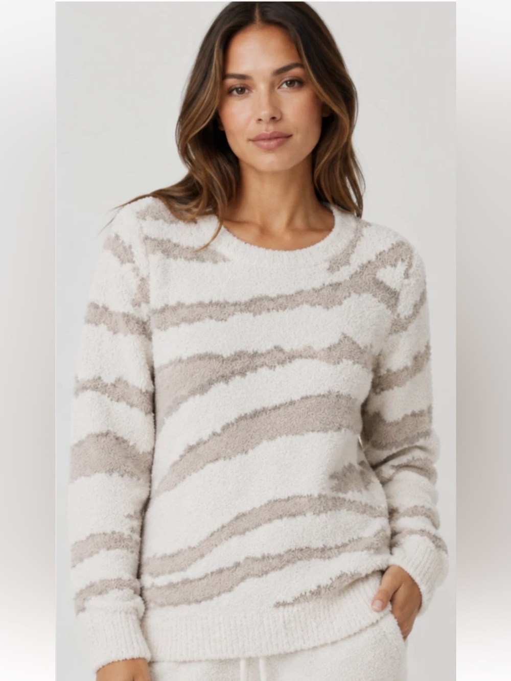 Barefoot Dreams CozyChic Seaside Pullover Sweatshirt Women’s Size 1X Cream Zebra